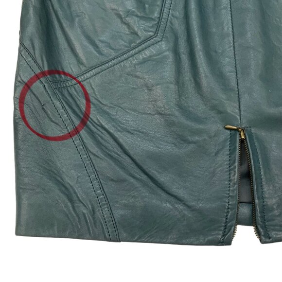 Glen Wood Vintage Soft Leather Skirt 8 Green Mini Angled Front Zip Pocket Retro - Picture 10 of 12